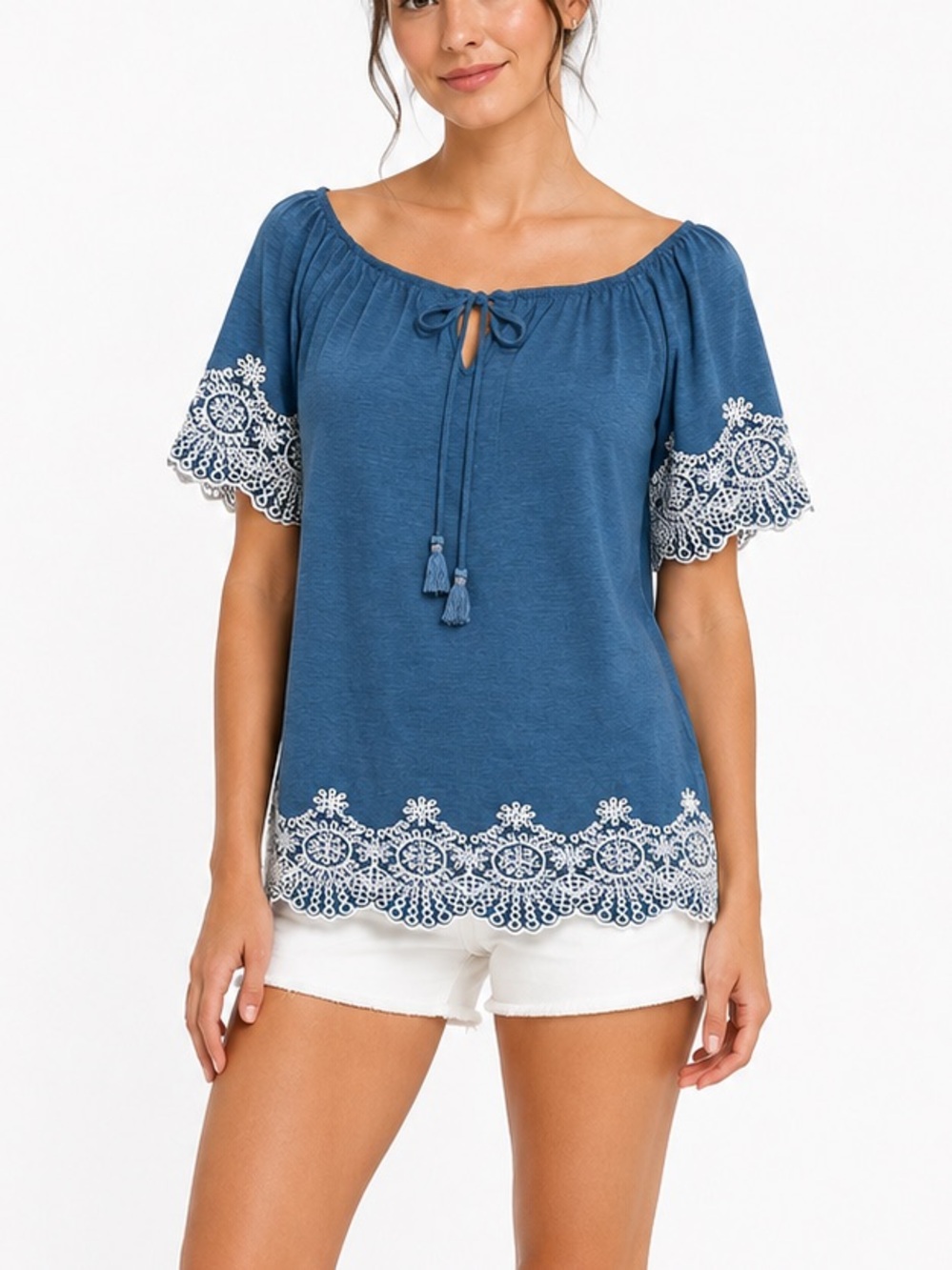 Adrianna Papell Blue White Embroidered Peasant Boho Top Tassel Tie Resort Chic S